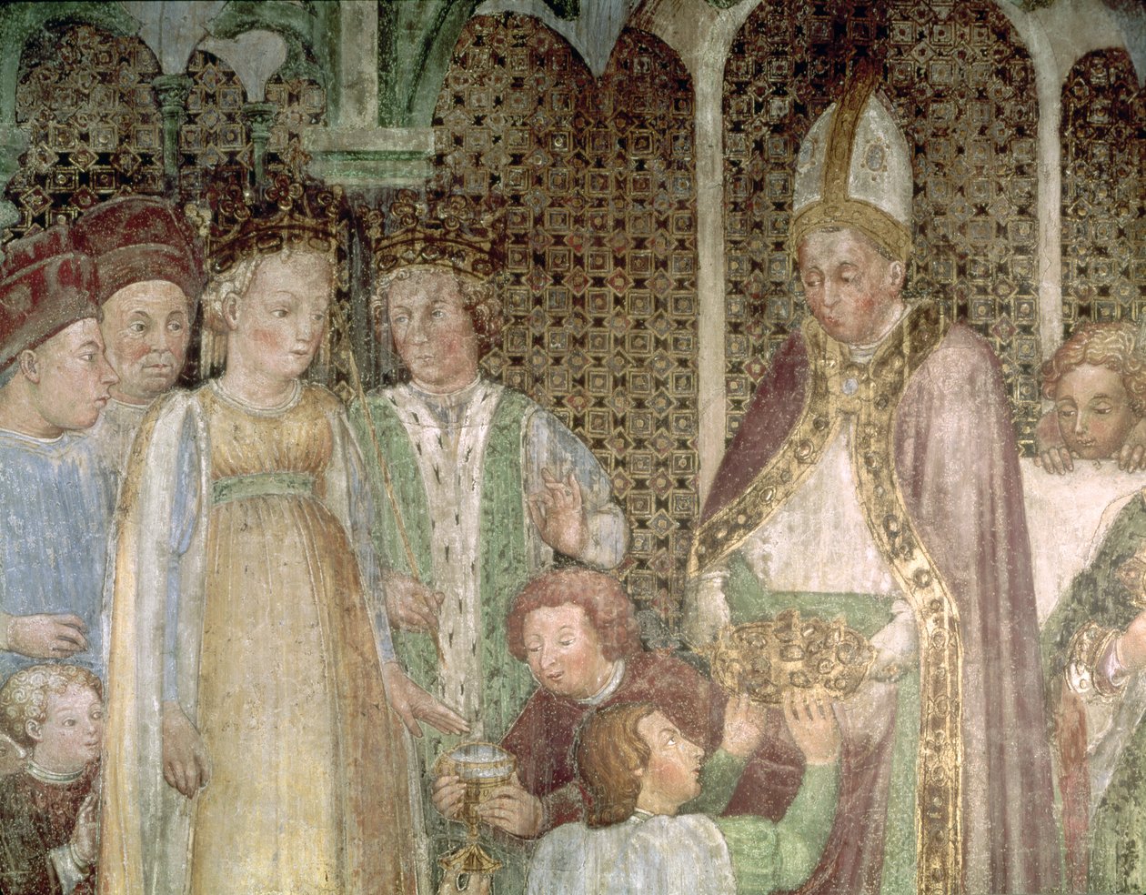 La reine Théodelinde et le pape Grégoire le Grand (c.540-604) échangeant des cadeaux, 1444 - Zavattari Family