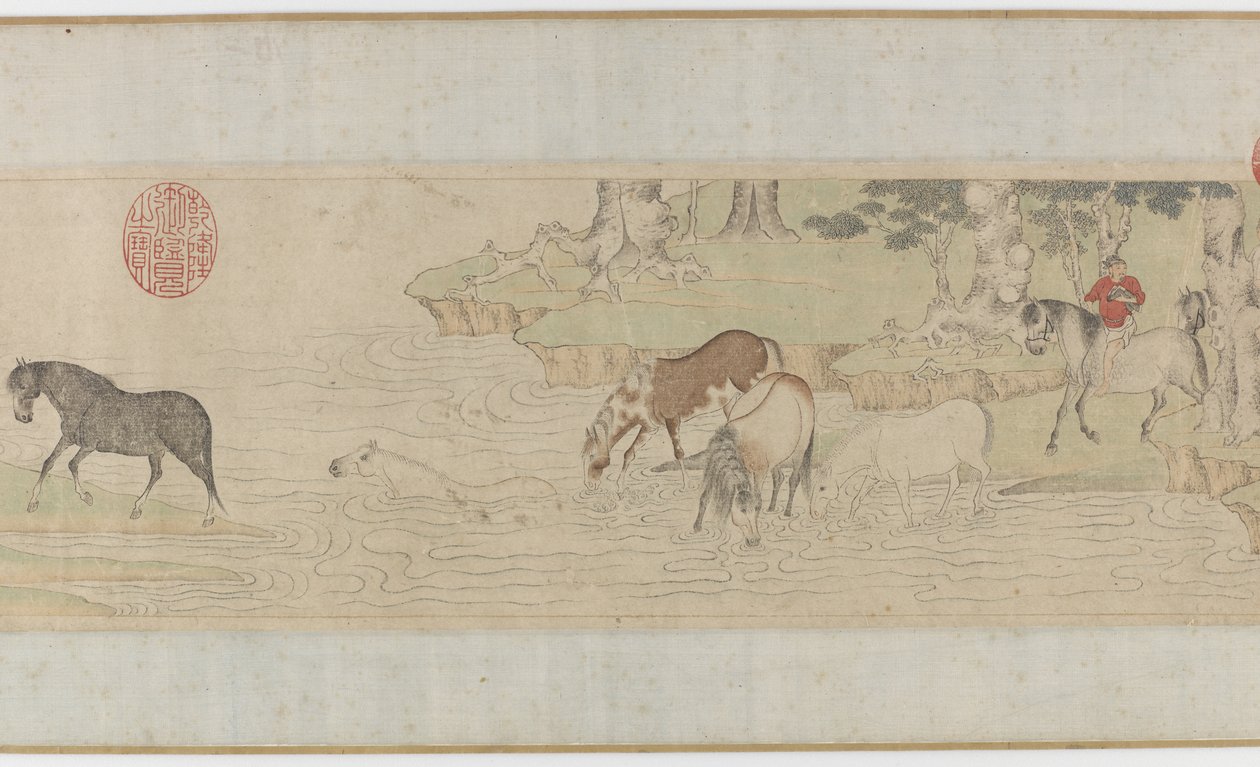 Chevaux et palefreniers traversant une rivière, dynastie Yuan ou début de la dynastie Ming, 14ème siècle - Zhao Mengfu Chao Meng Fu or