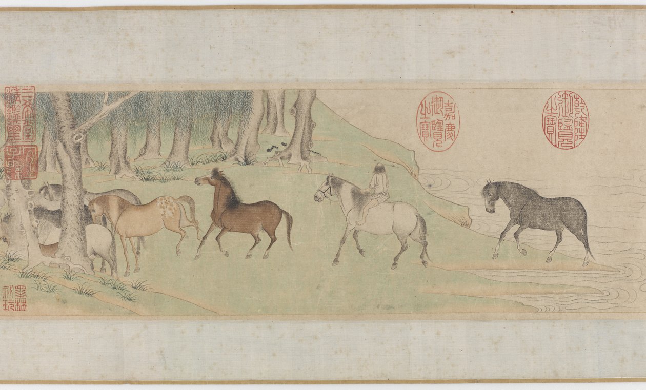 Chevaux et palefreniers traversant une rivière, dynastie Yuan ou début de la dynastie Ming, 14ème siècle - Zhao Mengfu Chao Meng Fu or