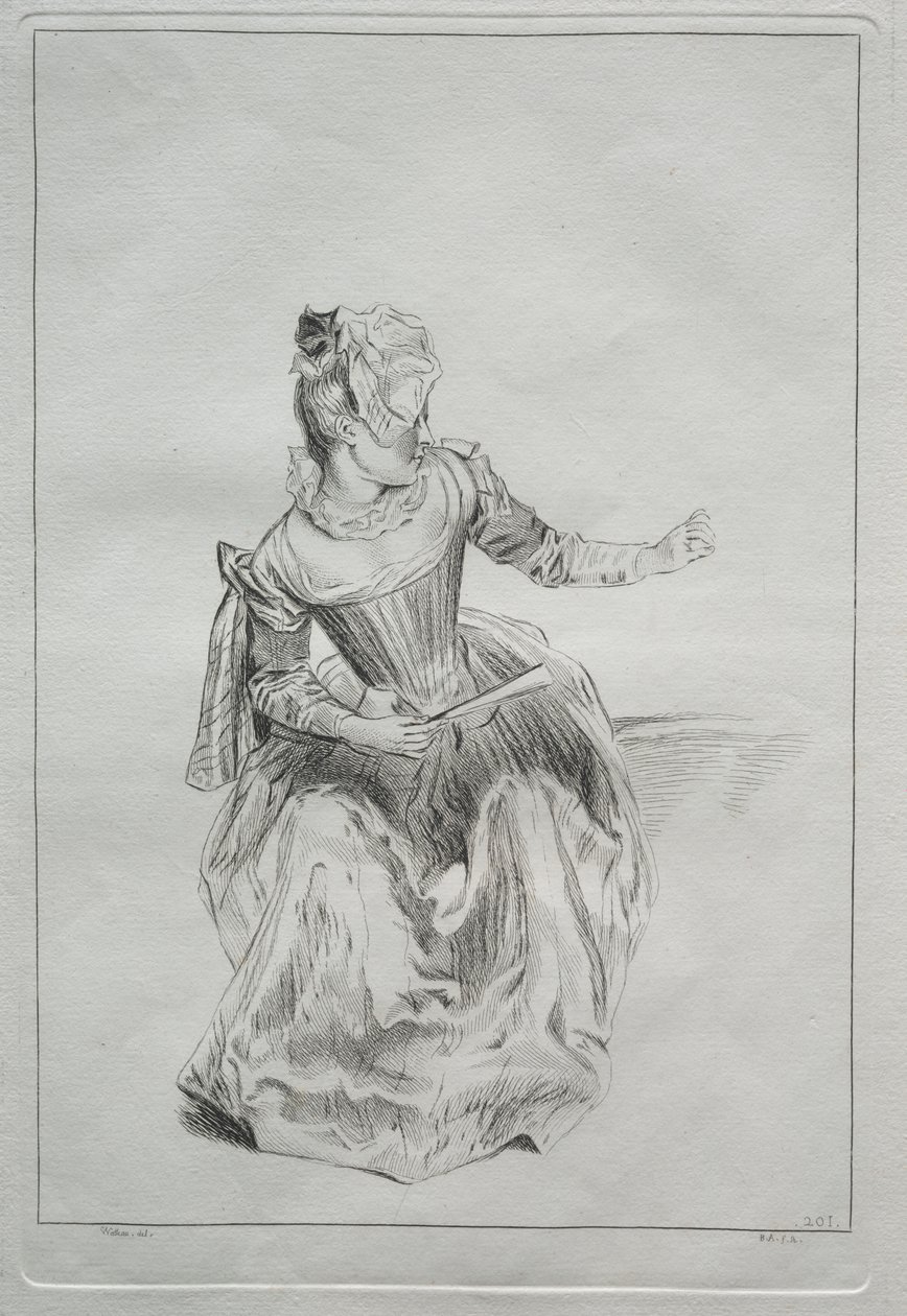 Femme tenant un éventail - possibly by Benoit II Audran