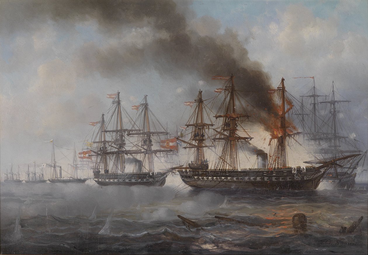 La bataille navale de Helgoland 1864 (la frégate autrichienne en feu Schwarzenberg, derrière la frégate Radetzky) - Josef Karl Berthold Puttner