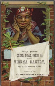 Dame à la fenêtre faisant la publicité de la boulangerie de Vienne