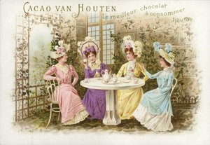 Femmes dans un jardin, buvant du chocolat