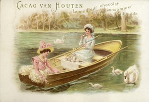 Femmes dans une barque, buvant du chocolat