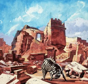 Chien sauvage parmi les ruines