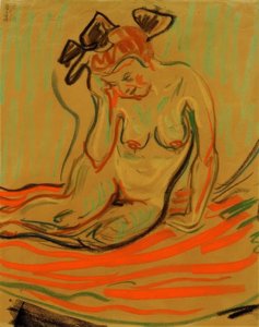 Nu féminin accroupi avec bras appuyé