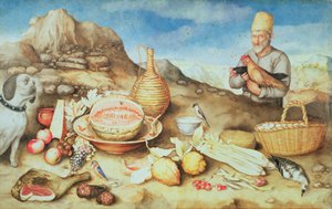 Nature morte avec paysan et poules