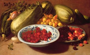 Nature morte de cerises, courges et poires