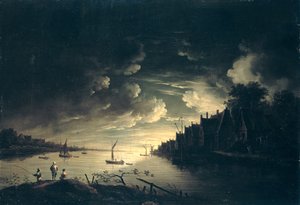 Paysage fluvial au clair de lune