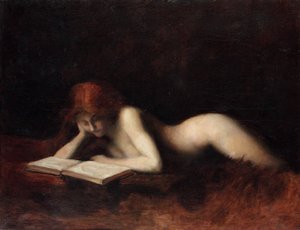 Femme nue allongée lisant un livre