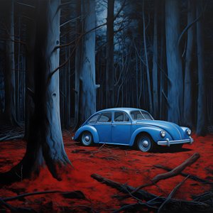 voiture bleue dans une forêt rouge 4