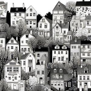 une image en noir et blanc des maisons 2