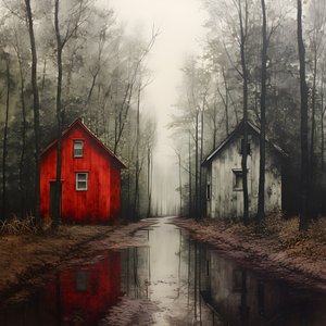 deux maisons rouges dans la forêt 3