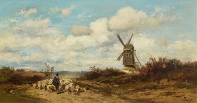 Paysage avec moulin à vent et bergers - Adolf Heinrich Lier