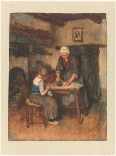 Intérieur avec femme repassant et enfant cousant - Albert  Neuhuys