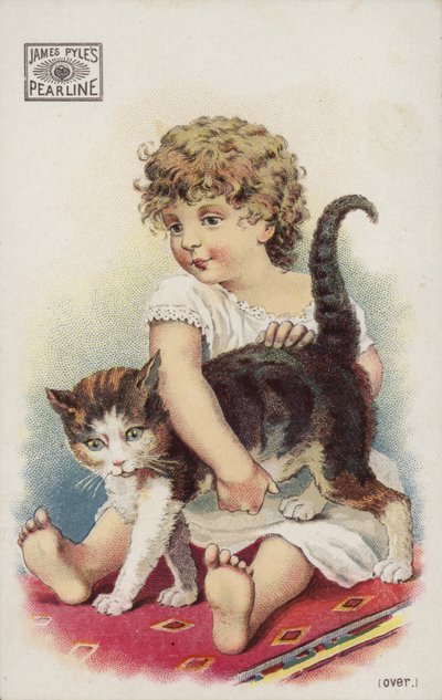 Fille jouant avec un chat sur un tapis - American School