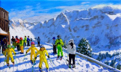 Jeunes skieurs en jaune, Val Gardena, Italie. 12x20 - Andrew Macara