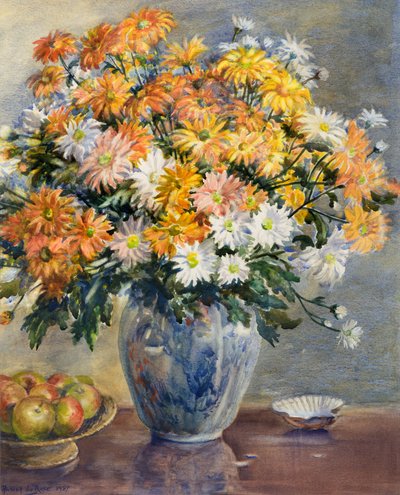 Chrysanthèmes dans un vase bleu et blanc - Anthea Durose