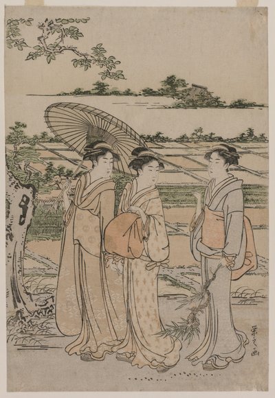 Trois femmes se promenant à la campagne - Chobunsai Eishi