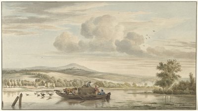 Vue de rivière avec une péniche de foin - Christiaan Josi