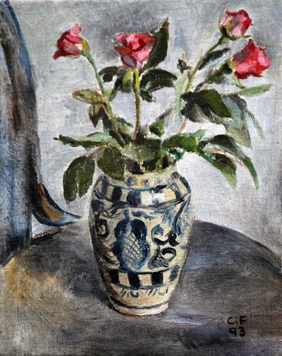 Roses roses dans un pot peint - Christian Furr