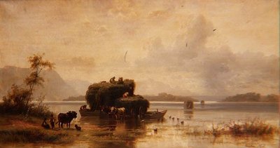 Paysage lacustre avec des paysans et des barges de foin - Christian Mali