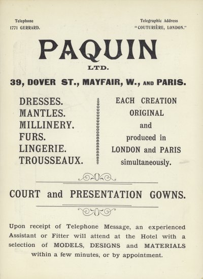 Publicité pour Paquin, couturiers - English School