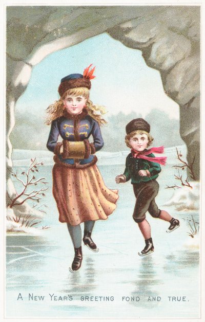 Garçon et fille patinant, carte de Nouvel An - English School