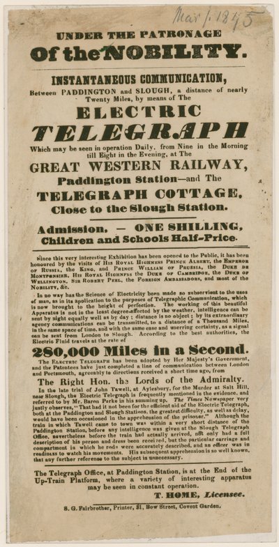 Démonstration du télégraphe électrique, 1845 - English School