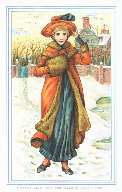 Dame élégante dans la neige, Carte de Noël - English School