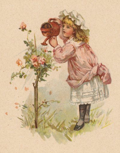 Fille arrosant des roses (chromolithographie) - English School