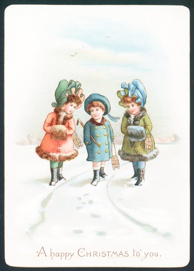 Filles marchant dans la neige, carte de Noël - English School