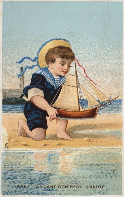 Garçon jouant avec un bateau à voile jouet - French School