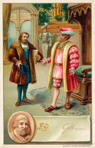 Hans Holbein avec le roi Henri VIII (chromolithographie) - French School