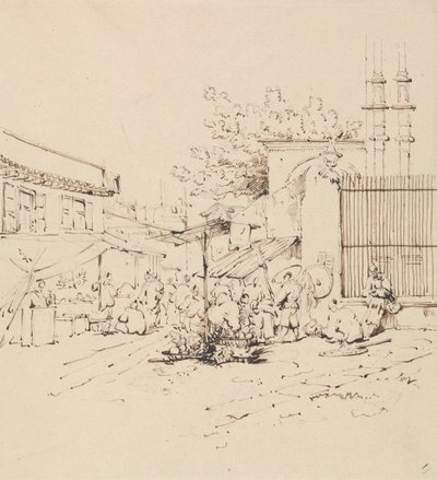 Scène de Rue avec Marchands Vendants des Marchandises - George Chinnery