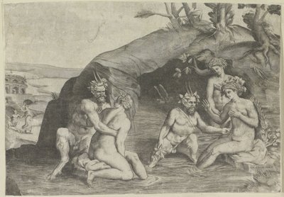 Trois nymphes et deux satyres se baignant - Giulio Bonasone