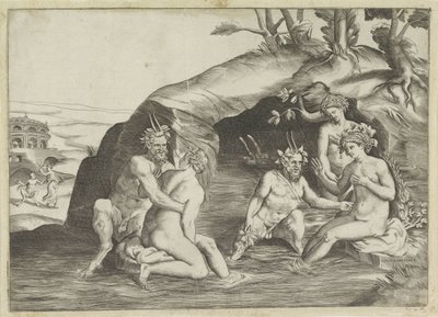 Trois nymphes et deux satyres se baignant - Giulio Bonasone