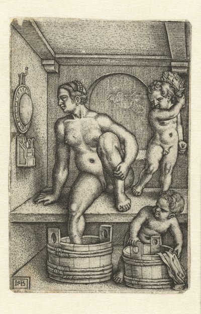 Femme avec deux enfants dans la salle de bain - Hans Sebald Beham