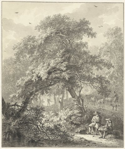 Paysage forestier avec des voyageurs se reposant sous un arbre - Hendrik Meijer