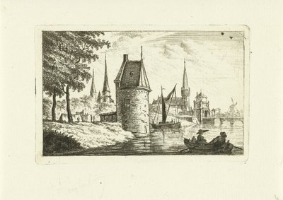 Vue de ville avec tour au bord de la rivière - Johannes van Cuylenburgh