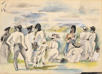 Groupe de figures avec un garçon tenant des fleurs - Jules Pascin