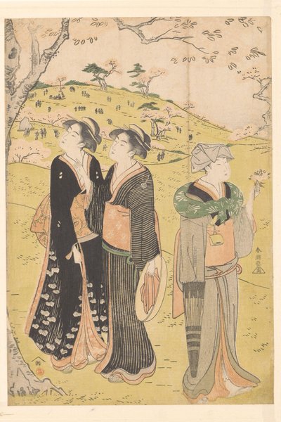 Admiration des cerisiers en fleurs à Asukayama - Katsukawa Shuncho