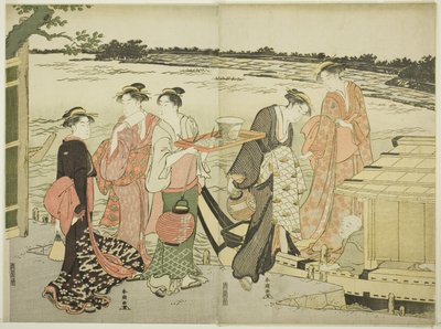 Femmes embarquant sur un bateau de plaisance - Katsukawa Shuncho