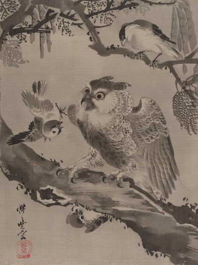 Chouette moquée par de petits oiseaux, vers 1887 - Kawanabe Kyosai