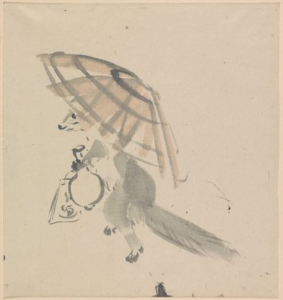 Renard avec carafe et parasol - Kawanabe Kyosai