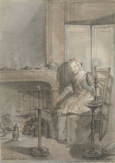 Intérieur avec une jeune femme filant de la laine - Louis Aubert