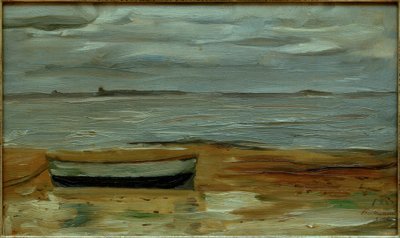 Plage avec barque grise et mer grise - Max Beckmann