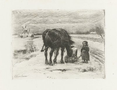 Paysage enneigé avec enfant et cheval - Otto Eerelman