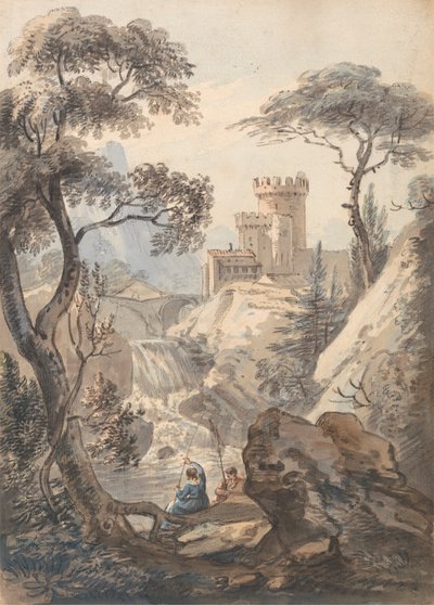 Paysage italianisant avec château, cascade et pêcheurs - Paul Sandby