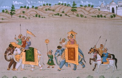 Miniature sur soie, procession royale - School Indian